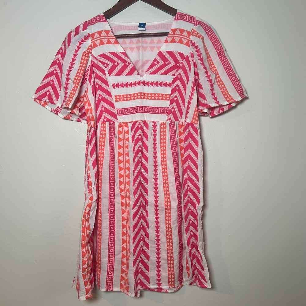 Old Navy Mini Dress Women XS‎ Pink Orange Geometric Print Flutter Sleeve V-Neck